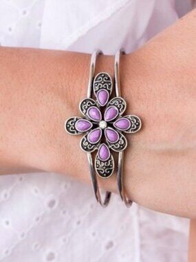 Purple and silver tone hinged cuff bracelet floral design - Go with the Florals